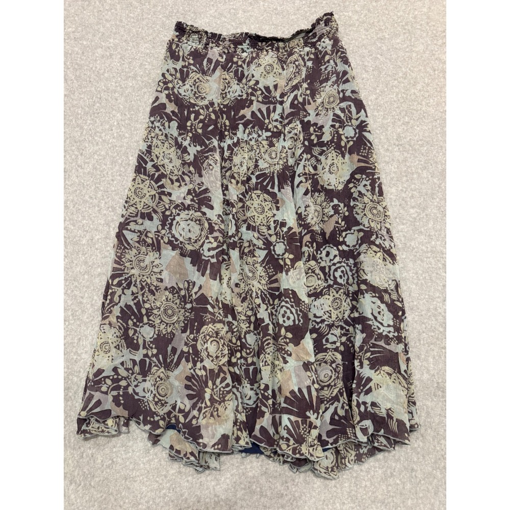 Cabi Silk Midi Skirt Large Purple Green Floral Smocked Waist Cottagecore  Fall